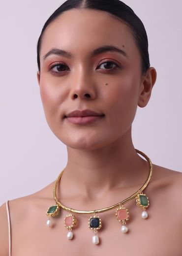 Multicolor Kundan Necklace With Dangling Stones