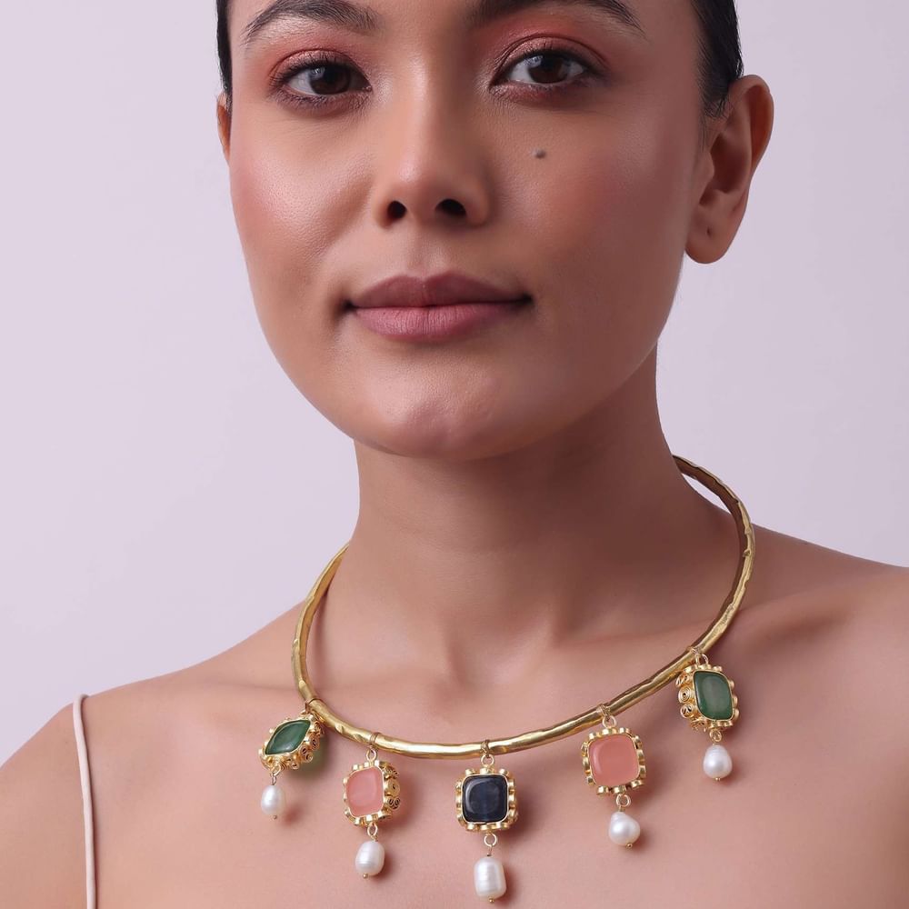 Multicolor Kundan Necklace With Dangling Stones
