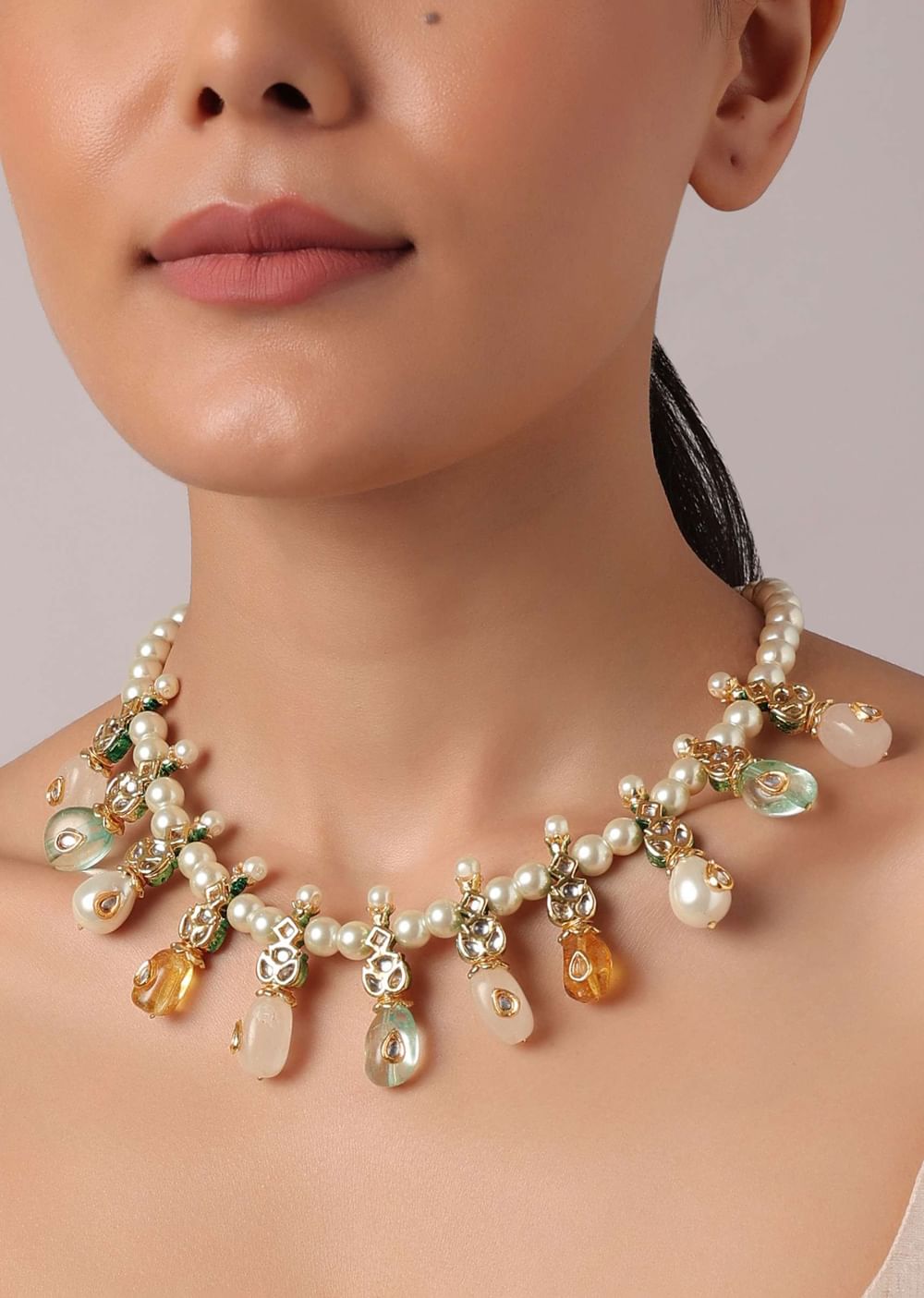 Multicolor Kundan Necklace Set With Stone Drops