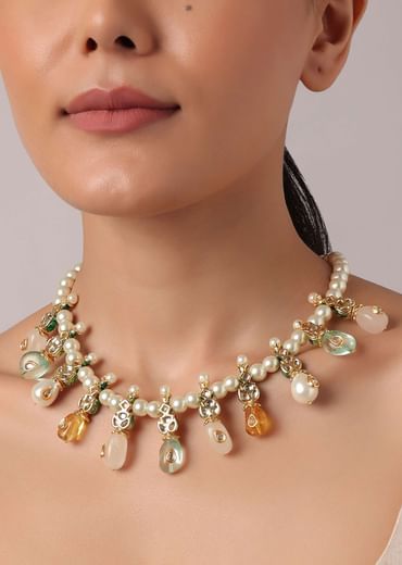 Multicolor Kundan Necklace Set With Stone Drops