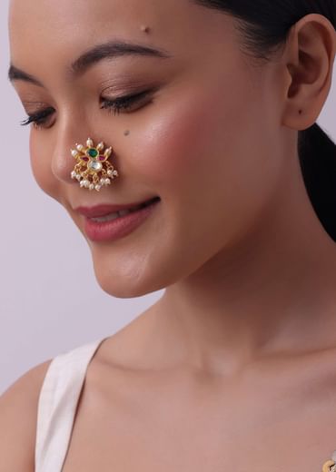 Multicolor Kundan Studded Nath In Gold Finish Mix Metal
