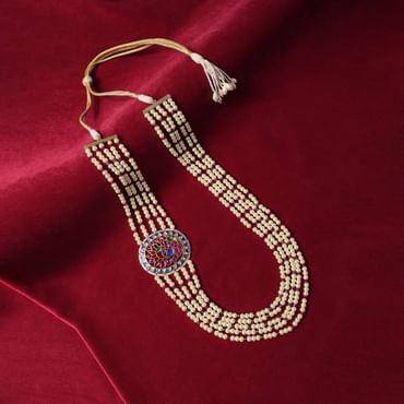 Multicolor Long Mala In Mix Metal With Pearls And Meenakari Motif