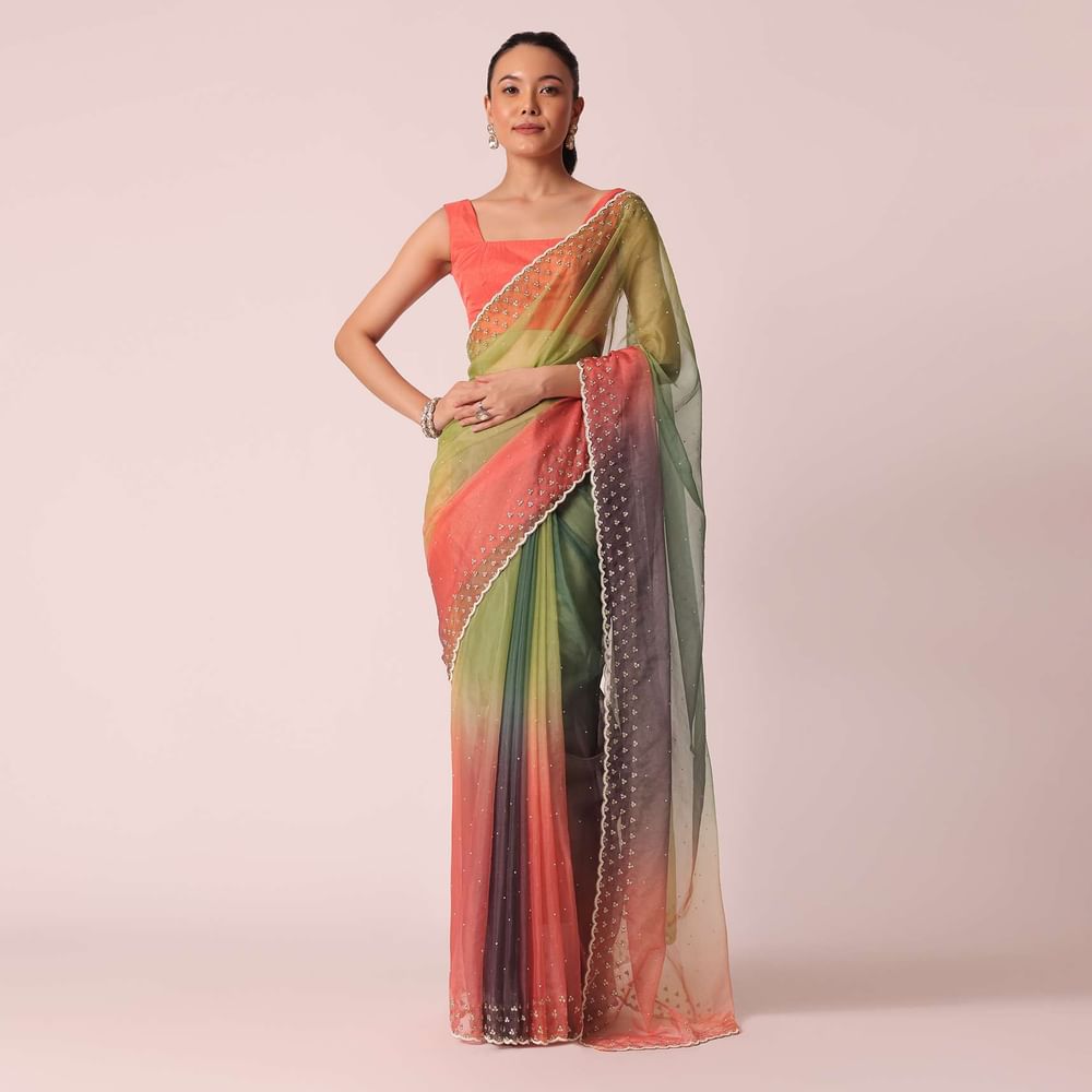 Multicolor Organza Saree With Cutdana Work And Unstitched Blouse Piece