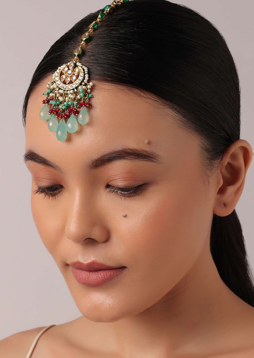 Multicolor Pendant Choker Set With Green Bead Drops And Meenakari Work