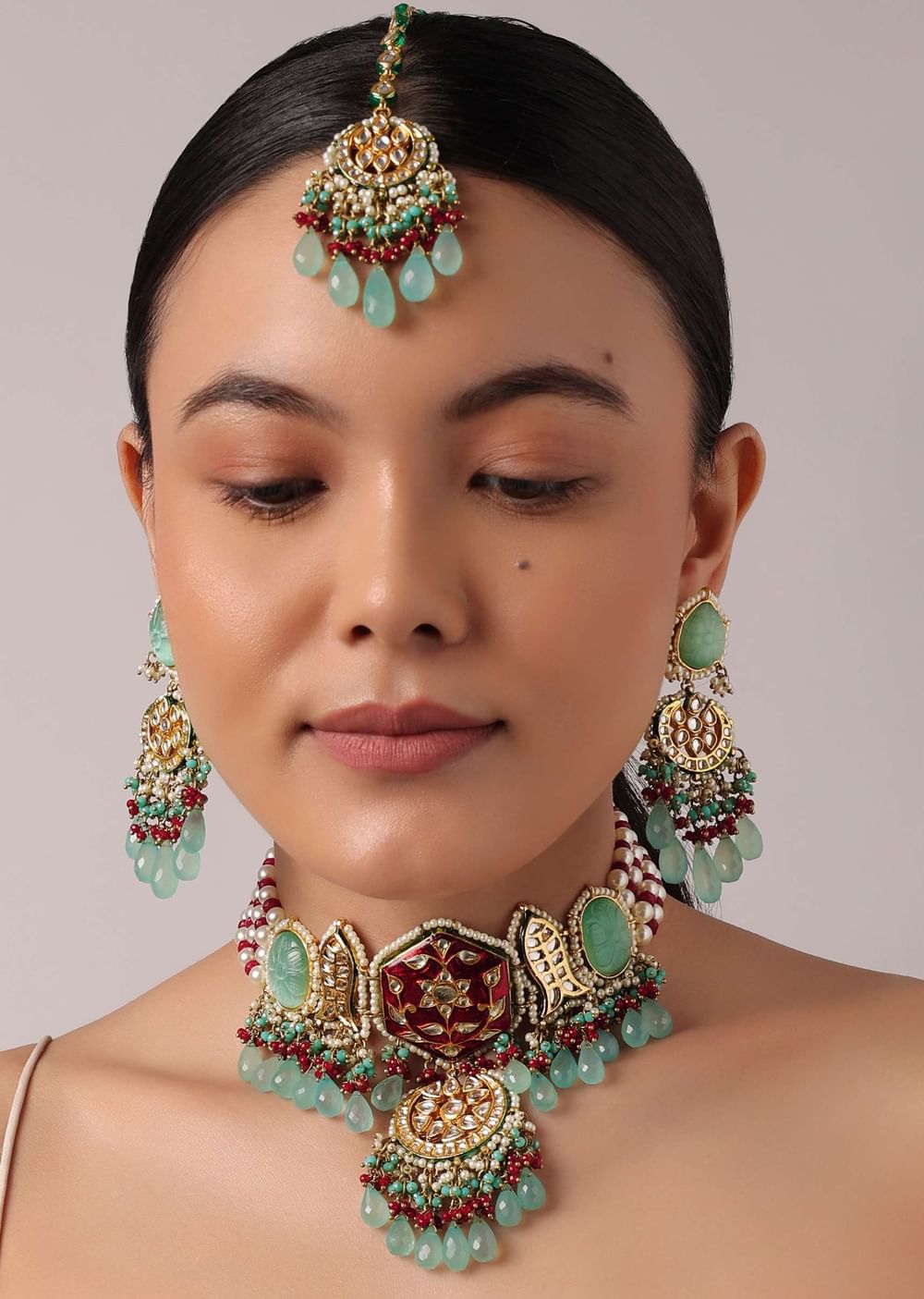 Multicolor Pendant Choker Set With Green Bead Drops And Meenakari Work