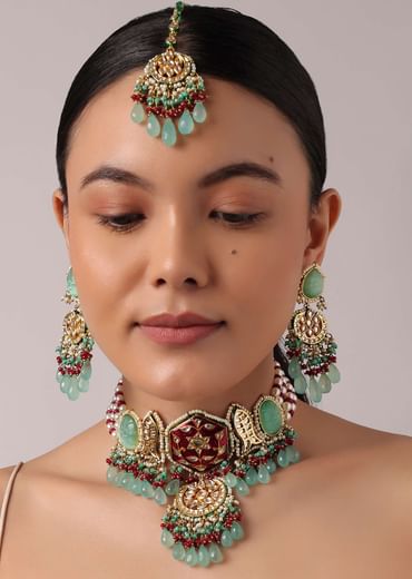 Multicolor Pendant Choker Set With Green Bead Drops And Meenakari Work