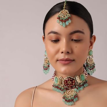 Multicolor Pendant Choker Set With Green Bead Drops And Meenakari Work