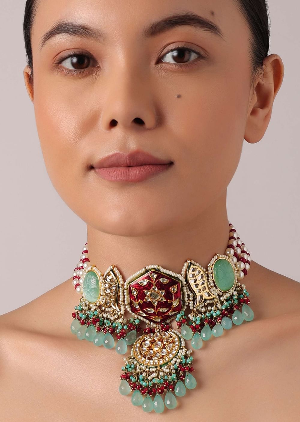 Multicolor Pendant Choker Set With Green Bead Drops And Meenakari Work