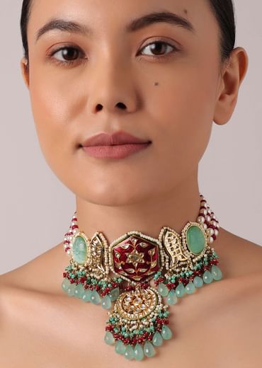 Multicolor Pendant Choker Set With Green Bead Drops And Meenakari Work