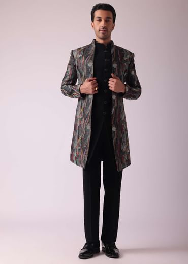 Multicolor Textured Indowestern In Velvet