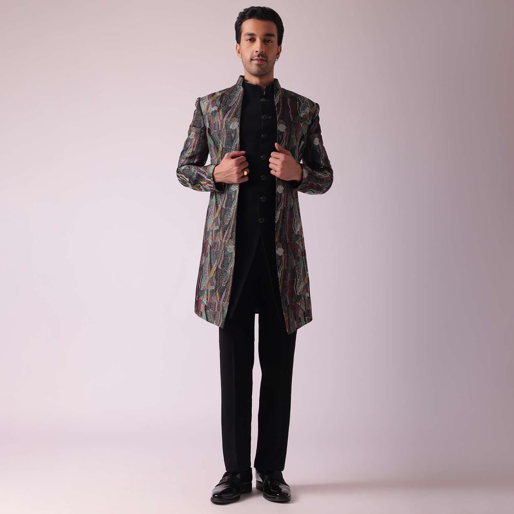 Multicolor Textured Indowestern In Velvet
