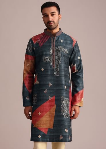 Multicolor Tussar Silk Printed Kurta Set