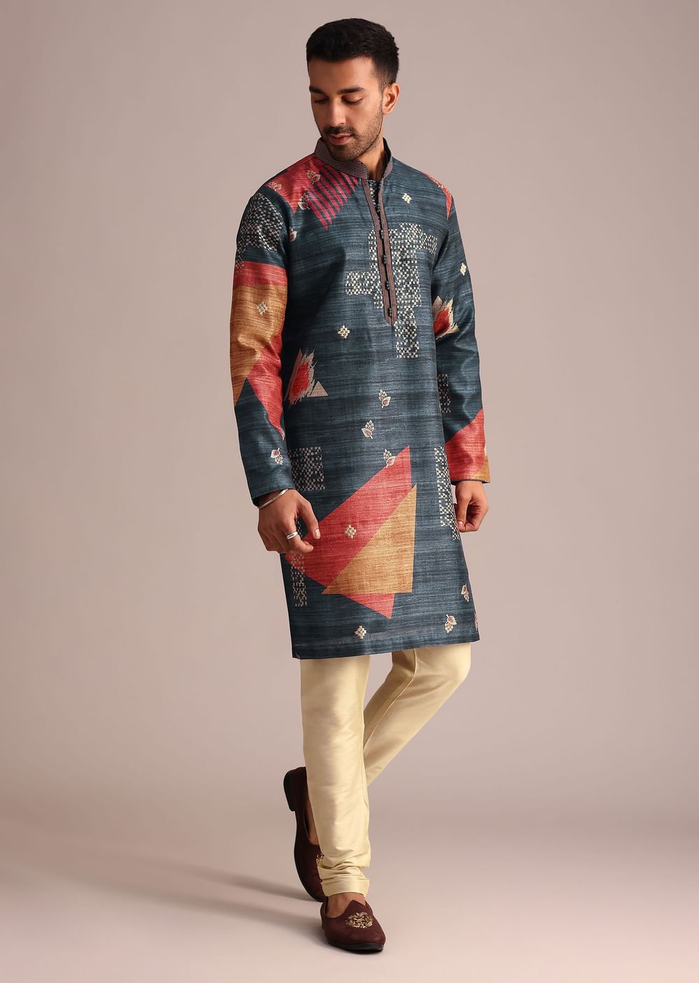 Multicolor Tussar Silk Printed Kurta Set