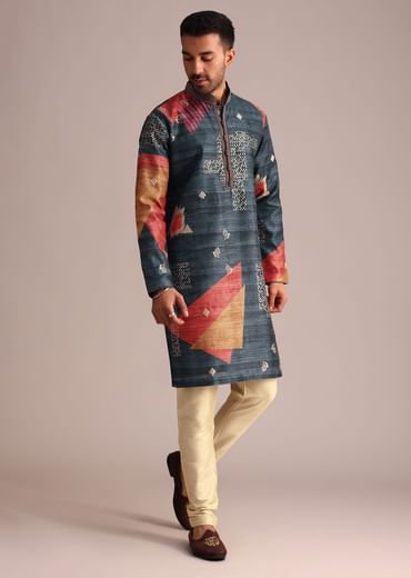 Multicolor Tussar Silk Printed Kurta Set