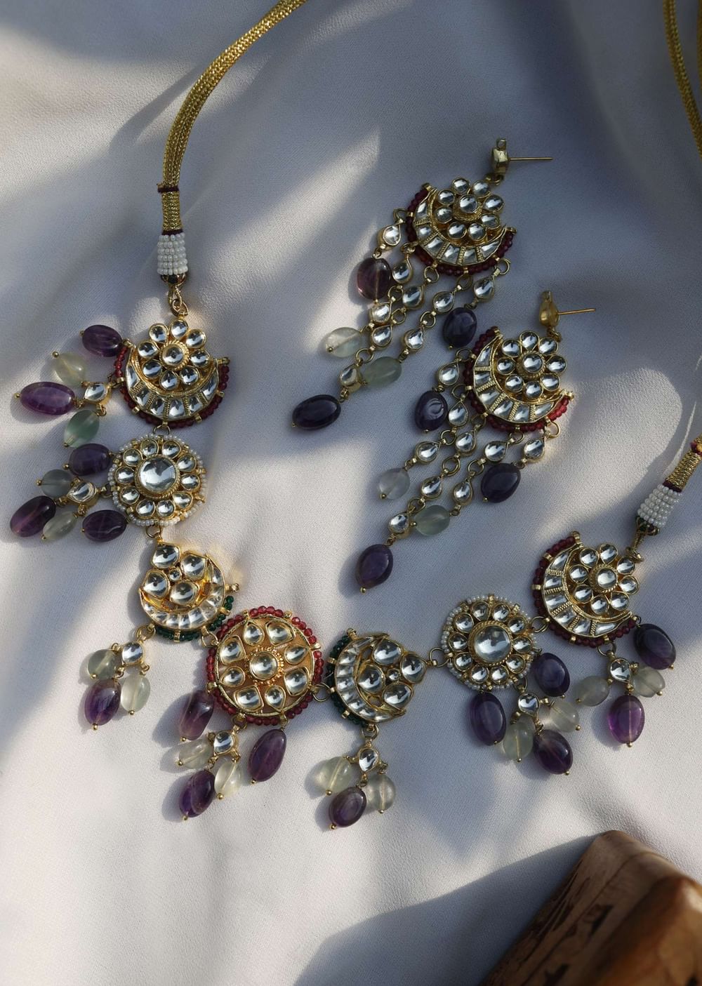 Multicolored Gold Plated Silver Alloy Kundan Amethyst Necklace Set