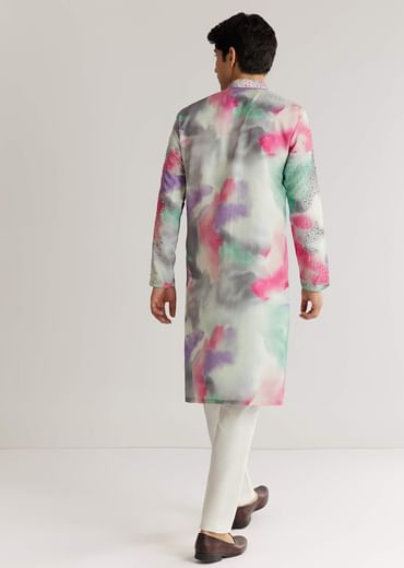Multicolour Silk Abstract Printed Kurta Set With Sequins