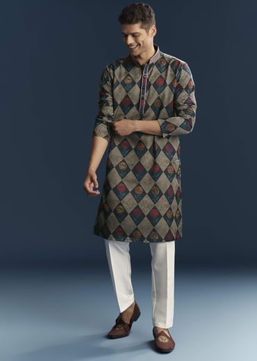 Multicolour Silk Kurta For Men With Geometric And Floral Print