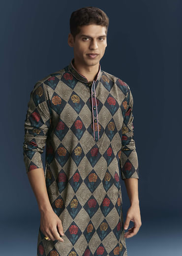 Multicolour Silk Kurta For Men With Geometric And Floral Print