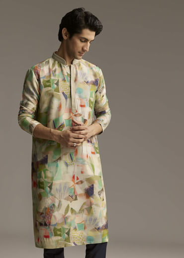 Multicolour Silk Kurta Set For Men With Abstract Geometric Print