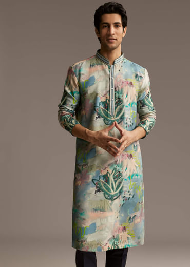 Multicolour Silk Kurta Set For Men With Artistic Brushstroke Print