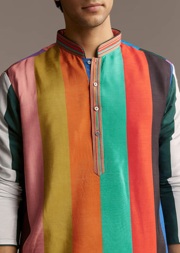 Multicolour Silk Kurta Set For Men With Stripe Print