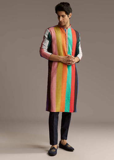 Multicolour Silk Kurta Set For Men With Stripe Print