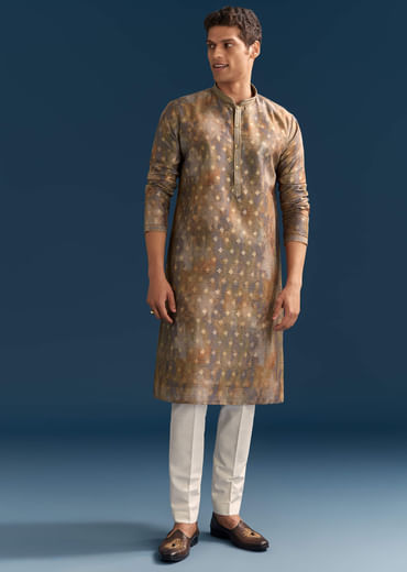 Multicolour Silk Printed Kurta Set For Men With Foil Butti Work