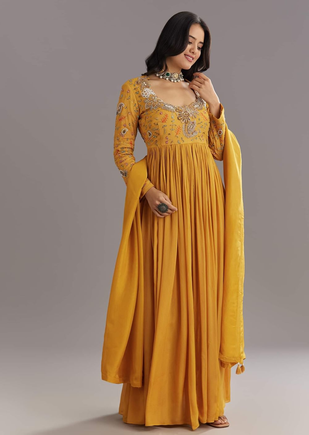 Mustard Chinon Anarkali Set With Moti Zari and Cut Dana Embroidery