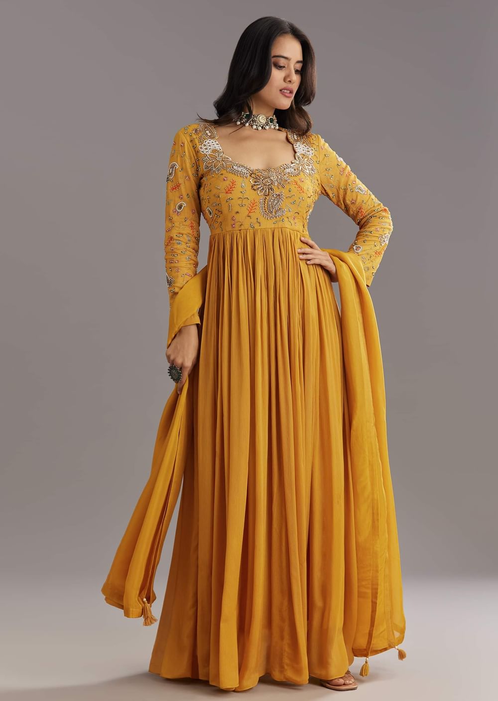 Mustard Chinon Anarkali Set With Moti Zari and Cut Dana Embroidery