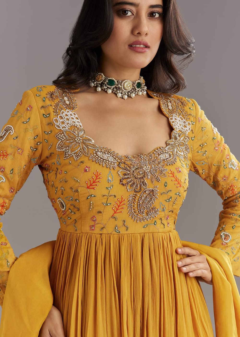 Mustard Chinon Anarkali Set With Moti Zari and Cut Dana Embroidery