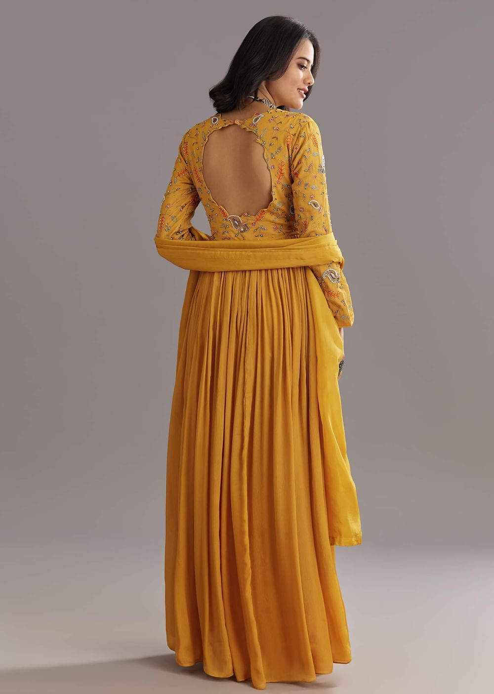Mustard Chinon Anarkali Set With Moti Zari and Cut Dana Embroidery
