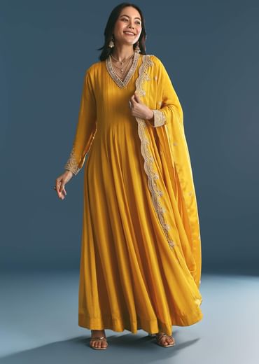 Mustard Chinon Anarkali Suit With Zardosi Work Dupatta