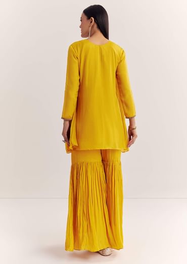 Mustard Chinon Flared Kurta With Thread Work