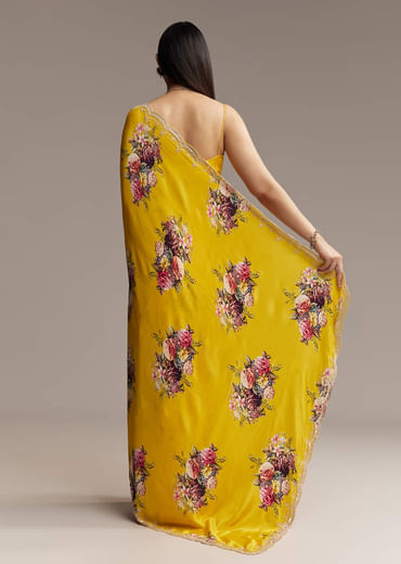 Mustard Floral Crepe Saree With Embroidered Scallop Border