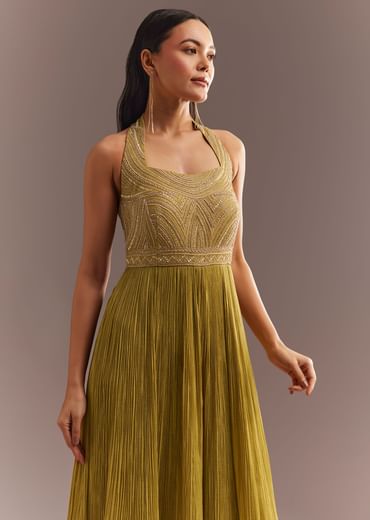 Mustard French Tissue Jumpsuit With Cutdana Work