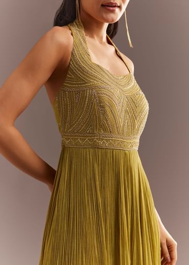 Mustard French Tissue Jumpsuit With Cutdana Work