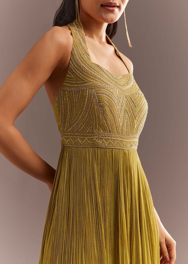 Mustard French Tissue Jumpsuit With Cutdana Work
