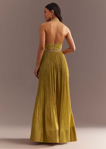 Mustard French Tissue Jumpsuit With Cutdana Work