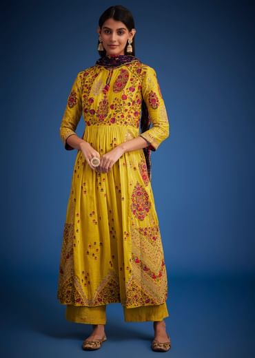 Mustard Linen Silk Floral Embroidered Anarkali Set