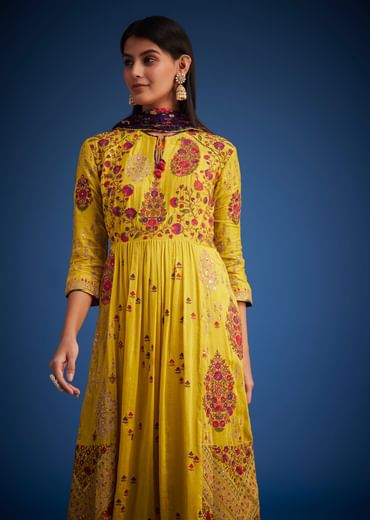 Mustard Linen Silk Floral Embroidered Anarkali Set