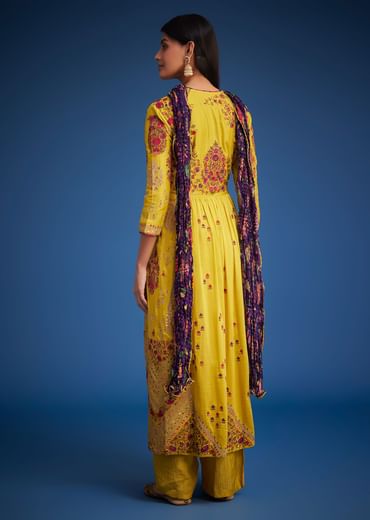 Mustard Linen Silk Floral Embroidered Anarkali Set
