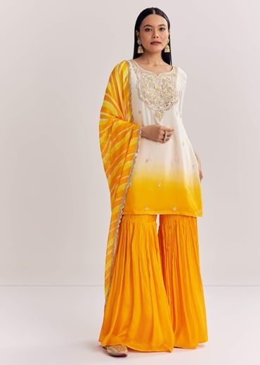 Mustard Ombre Leheriya Kurta Sharara Suit With Cutdana And Sequins Work