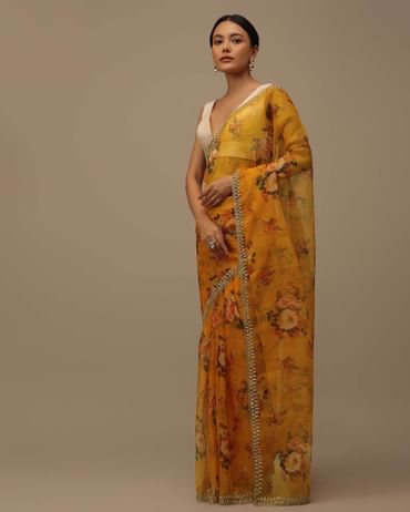 Orange Cutdana Embroidered Saree In Organza With Floral Print