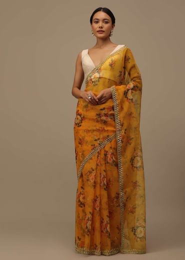 Orange Cutdana Embroidered Saree In Organza With Floral Print