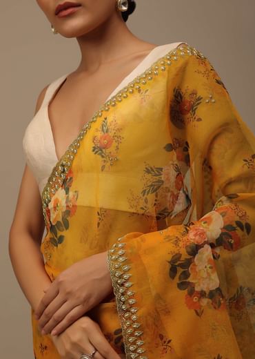 Orange Cutdana Embroidered Saree In Organza With Floral Print