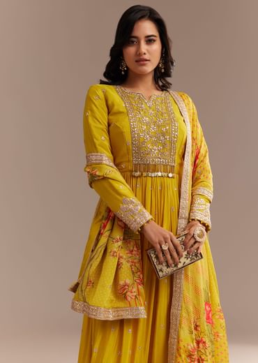 Mustard Yellow Chiffon Zardosi Anarkali Set