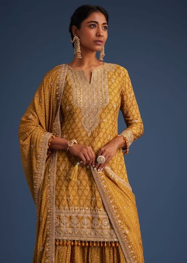 Mustard Yellow Chinon Bandhani Palazzo Set