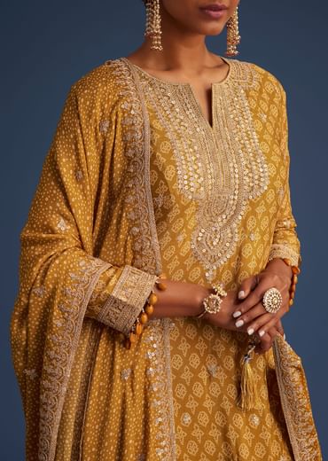 Mustard Yellow Chinon Bandhani Palazzo Set