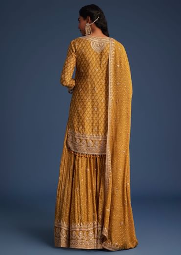Mustard Yellow Chinon Bandhani Palazzo Set