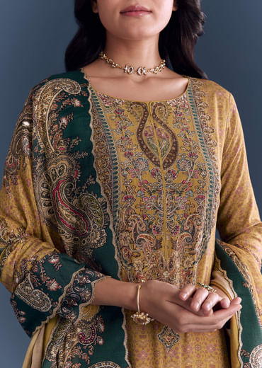 Mustard Yellow Crepe Kurta Set With Paisley And Floral Print